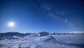 Winter Night Sky with Vivid Milky Way Arching Over Snow-Covered Mountains Royalty Free Stock Photo