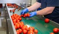 Gloved Worker Inspecting Cherry Tomatoes on Sorting Belt Royalty Free Stock Photo