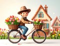 boy rides a bicycle adorned with flower baskets, surrounded by colorful tulips and charming houses, evoking a whimsical Royalty Free Stock Photo