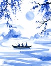 watercolor scene depicting three figures in a boat under a full moon, surrounded by mountains and delicate foliage Royalty Free Stock Photo
