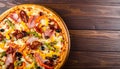 Tasty pizza with cured ham, olives, sun-dried tomato and pepper on wooden table Royalty Free Stock Photo