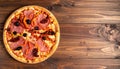 Tasty pizza with cured ham, olives, sun-dried tomato and pepper on wooden table Royalty Free Stock Photo