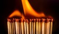 A row of wooden matches on fire Royalty Free Stock Photo