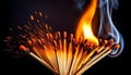 A row of wooden matches on fire Royalty Free Stock Photo