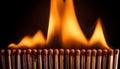 A row of wooden matches on fire Royalty Free Stock Photo