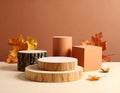 Stylish presentation for product. Wooden stumps, geometric figure and autumn decor Royalty Free Stock Photo