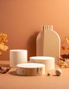 Stylish presentation for product. Wooden stumps, geometric figure and autumn decor Royalty Free Stock Photo