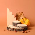 Stylish presentation for product. Wooden stumps, geometric figure and autumn decor Royalty Free Stock Photo