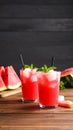 Delicious fresh watermelon drink on wooden table. Space for text Royalty Free Stock Photo
