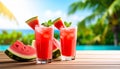 Delicious fresh watermelon drink on wooden table. Space for text Royalty Free Stock Photo