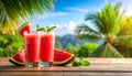 Delicious fresh watermelon drink on wooden table. Space for text Royalty Free Stock Photo