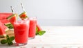 Delicious fresh watermelon drink on wooden table. Space for text Royalty Free Stock Photo