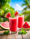 Delicious fresh watermelon drink on wooden table. Space for text Royalty Free Stock Photo