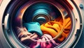 View from inside a washing machine drum with several colourful clothes Royalty Free Stock Photo