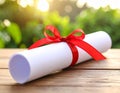 Graduation diploma tied with red ribbon on wooden table, closeup Royalty Free Stock Photo