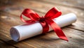 Graduation diploma tied with red ribbon on wooden table, closeup Royalty Free Stock Photo