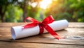 Graduation diploma tied with red ribbon on wooden table, closeup Royalty Free Stock Photo