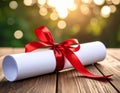 Graduation diploma tied with red ribbon on wooden table, closeup Royalty Free Stock Photo