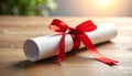 Graduation diploma tied with red ribbon on wooden table, closeup Royalty Free Stock Photo