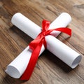 Graduation diploma tied with red ribbon on wooden table, closeup Royalty Free Stock Photo