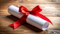 Graduation diploma tied with red ribbon on wooden table, closeup Royalty Free Stock Photo