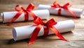 Graduation diploma tied with red ribbon on wooden table, closeup Royalty Free Stock Photo