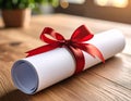 Graduation diploma tied with red ribbon on wooden table, closeup Royalty Free Stock Photo