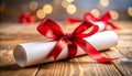 Graduation diploma tied with red ribbon on wooden table, closeup Royalty Free Stock Photo