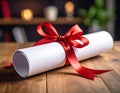 Graduation diploma tied with red ribbon on wooden table, closeup Royalty Free Stock Photo