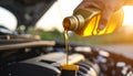 Draining engine oil from the bottle into the car engine, closing Royalty Free Stock Photo