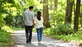 Couple walking hand-in-hand on forest trail with dappled sunlight Royalty Free Stock Photo