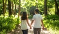 Couple walking hand-in-hand on forest trail with dappled sunlight Royalty Free Stock Photo