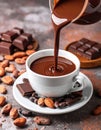 A rich chocolate drink is being poured into a white cup, surrounded by cocoa beans and chocolate pieces Royalty Free Stock Photo