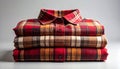 Close-Up of Folded Plaid Flannel Shirt with Autumn Reds and Browns on Matte Light Gray Background Royalty Free Stock Photo
