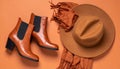 Flat Lay of Leather Ankle Boots, Wool Scarf, and Wide-Brimmed Felt Hat on Matte Burnt Orange Surface Royalty Free Stock Photo