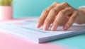 Macro shot of hand turning pages of financial documents on pastel matte background Royalty Free Stock Photo