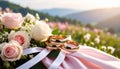 The wedding rings are tied with ribbons and beautiful flowers on pink fabric Royalty Free Stock Photo
