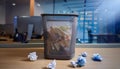 Wastebasket filled with crumpled paper Royalty Free Stock Photo