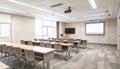 Modern Classroom with Digital Projector, Smartboard, and Neatly Aligned Chairs in Soft Neutral Tones Royalty Free Stock Photo