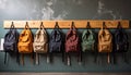 Colorful Student Backpacks Neatly Hung Along Matte Classroom Wall Royalty Free Stock Photo