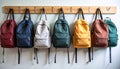 Colorful Student Backpacks Neatly Hung Along Matte Classroom Wall Royalty Free Stock Photo