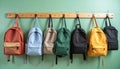 Colorful Student Backpacks Neatly Hung Along Matte Classroom Wall Royalty Free Stock Photo