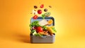 Different fresh food falling into lunch box on orange background. School meal Royalty Free Stock Photo