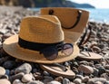 Beautiful hat with sunglasses, bag and flip flops near sea on pebble beach. Royalty Free Stock Photo