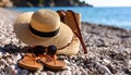 Beautiful hat with sunglasses, bag and flip flops near sea on pebble beach. Royalty Free Stock Photo