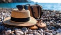 Beautiful hat with sunglasses, bag and flip flops near sea on pebble beach. Royalty Free Stock Photo