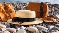 Beautiful hat with sunglasses, bag and flip flops near sea on pebble beach. Royalty Free Stock Photo