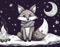 A Doodle of a Fox Wearing a Scarf, Sitting by a Campfire Under the Stars Royalty Free Stock Photo