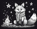 A Doodle of a Fox Wearing a Scarf, Sitting by a Campfire Under the Stars Royalty Free Stock Photo