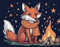 A Doodle of a Fox Wearing a Scarf, Sitting by a Campfire Under the Stars Royalty Free Stock Photo
